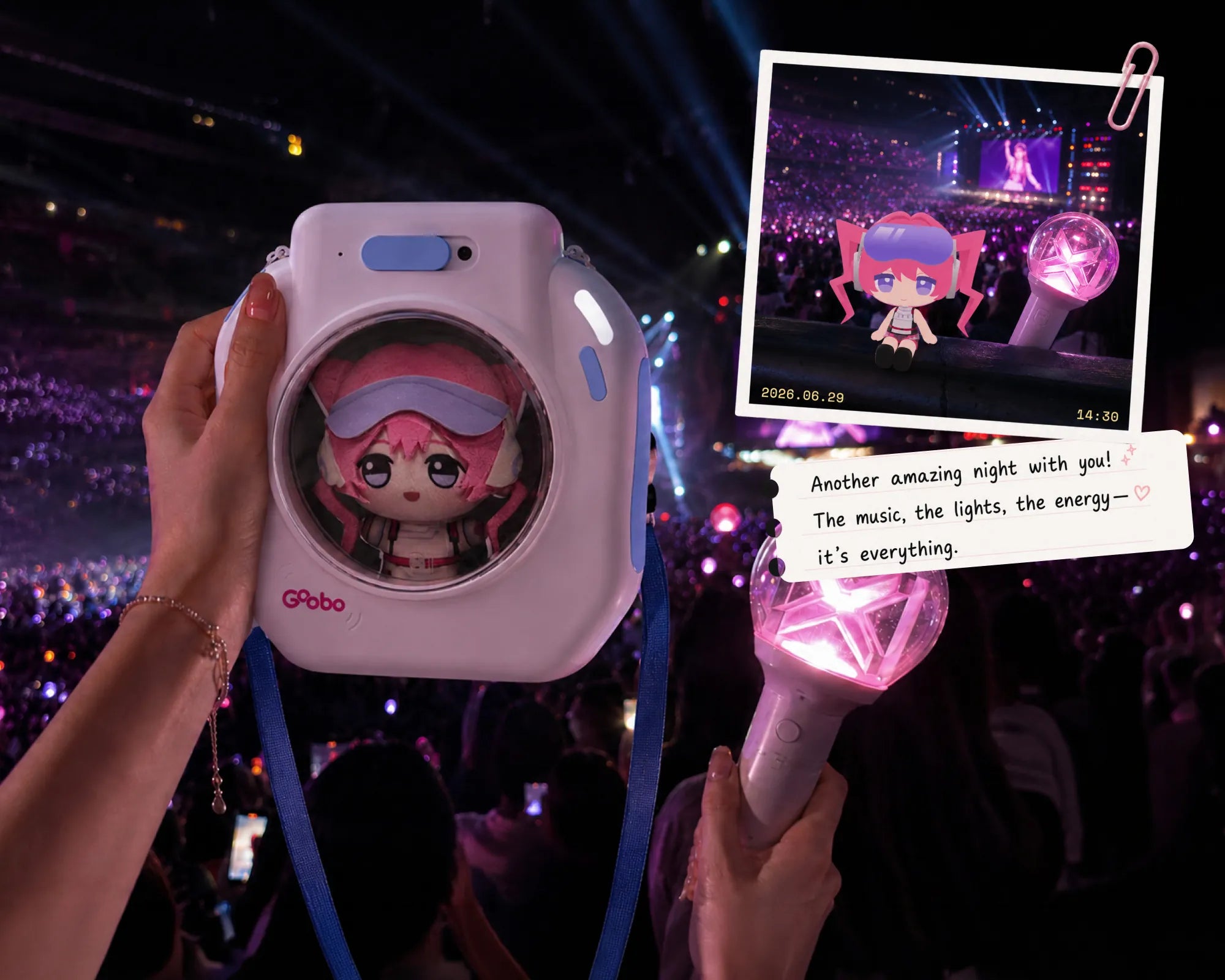A Goobo memory card turning an outing photo into a character-like caption